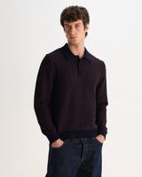 wax london men's Oban - Brown And Navy Geometric Long-Sleeve Knitted Polo
