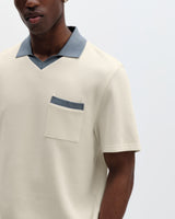 wax london men's Pendal - Ecru And Blue Ribbed Organic Cotton Polo Shirt