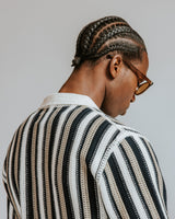 wax london men's Porto - Ecru And Black Stripe Crochet Knitted Shirt