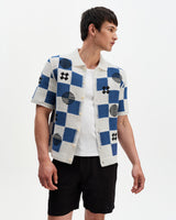 wax london men's Porto - Ecru And Blue Square Crochet Knitted Shirt