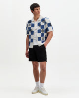 wax london men's Porto - Ecru And Blue Square Crochet Knitted Shirt