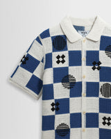 wax london men's Porto - Ecru And Blue Square Crochet Knitted Shirt