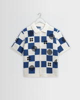 wax london men's Porto - Ecru And Blue Square Crochet Knitted Shirt