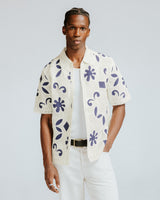wax london men's Porto - Ecru And Navy Doodle Crochet Knitted Shirt