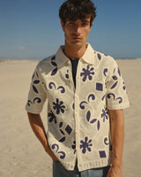 wax london men's Porto - Ecru And Navy Doodle Crochet Knitted Shirt