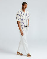 wax london men's Porto - Ecru And Navy Doodle Crochet Knitted Shirt