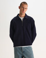 wax london men's Reeve - Washed Navy Loopback Organic Cotton Collared Sweatshirt