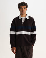 wax london men's Rowhill - Brown And Navy Stripe Loopback Rugby Shirt