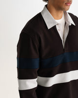 wax london men's Rowhill - Brown And Navy Stripe Loopback Rugby Shirt
