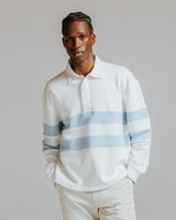 wax london men's Rowhill - Ecru And Light Blue Stripe Loopback Rugby Shirt