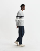 wax london men's Rowhill - Grey Marl Stripe Panelled Loopback Rugby Shirt