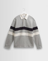 wax london men's Rowhill - Grey Marl Stripe Panelled Loopback Rugby Shirt