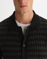 wax london men's Tristan - Black And Charcoal Rib Check Long-Sleeve Knitted Polo