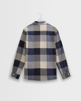 wax london men's Whiting - Navy And Ecru Block Check Overshirt