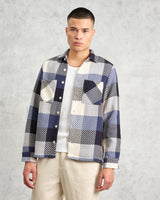 wax london men's Whiting - Navy And Ecru Block Check Overshirt