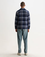 wax london men's Whiting - Navy And Ecru Plaid Weave Check Overshirt