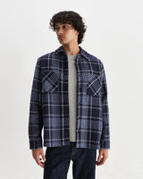 wax london men's Whiting - Navy And Grey Wave Check Overshirt