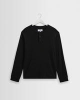 Caleb - Black Brushed Organic Cotton Henley Long-Sleeve T-Shirt