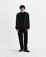 wax london men's Alban - Black And Green Floral Textured Jacquard Cardigan