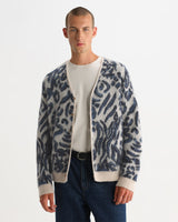 wax london men's Alban - Ecru And Navy Abstract Animal Print Knit Cardigan