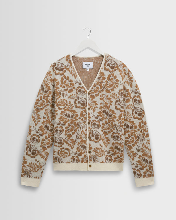 wax london men's Alban - Natural And Brown Floral Textured Jacquard Cardigan