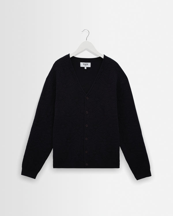 wax london men's Alban - Navy And Black Floral Jacquard Cardigan