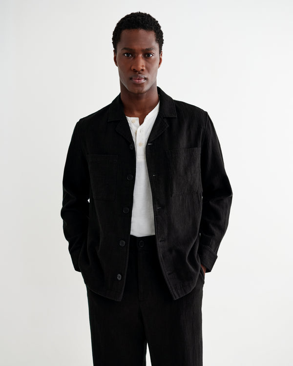 wax london men's Aldred - Black Linen-Cotton Revere Overshirt