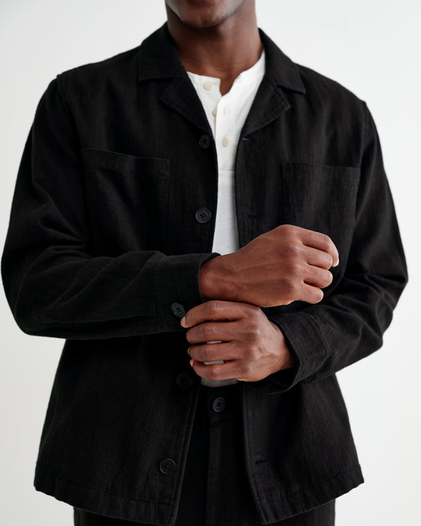 wax london men's Aldred - Black Linen-Cotton Revere Overshirt
