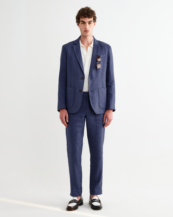 wax london men's Alp - Mid Blue Linen Trousers
