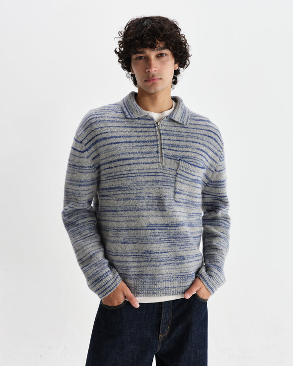 wax london men's Alpha - Grey And Blue Space Dye Zip Polo