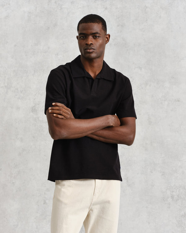 wax london men's Atwood - Black Textured Organic Cotton Polo Shirt