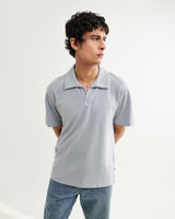 wax london men's Atwood - Blue Textured Organic Cotton Polo Shirt