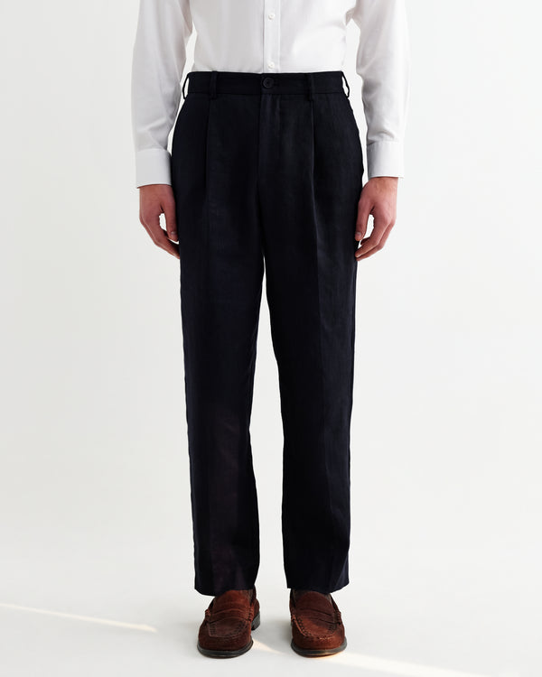 wax london men's Aubyn - Navy Linen Relaxed Fit Trousers