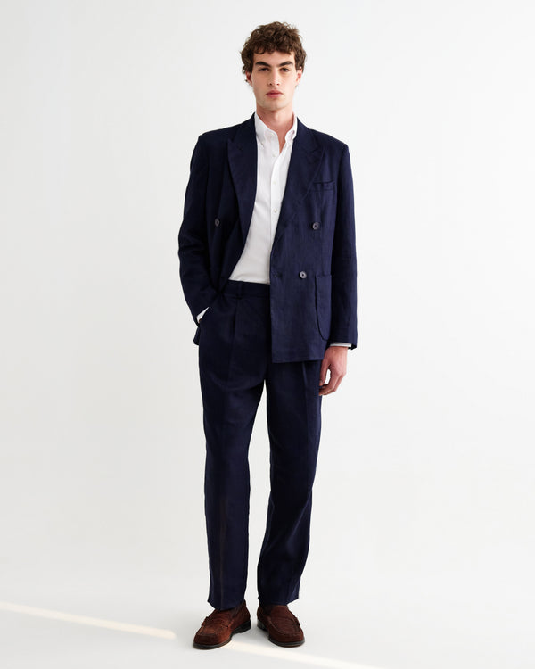 wax london men's Aubyn - Navy Linen Relaxed Fit Trousers