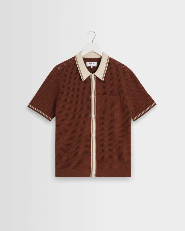 wax london men's Belle - Dark Brown Tipped Pointelle Polo Shirt