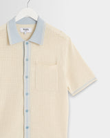wax london men's Belle - Ecru Blue Tipped Pointelle Polo Shirt
