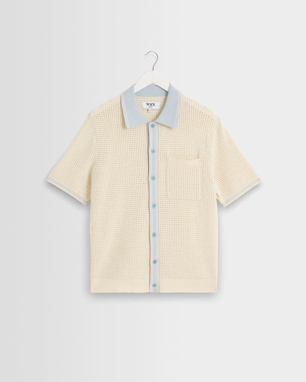 wax london men's Belle - Ecru Blue Tipped Pointelle Polo Shirt