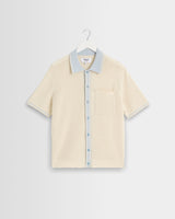 wax london men's Belle - Ecru Blue Tipped Pointelle Polo Shirt