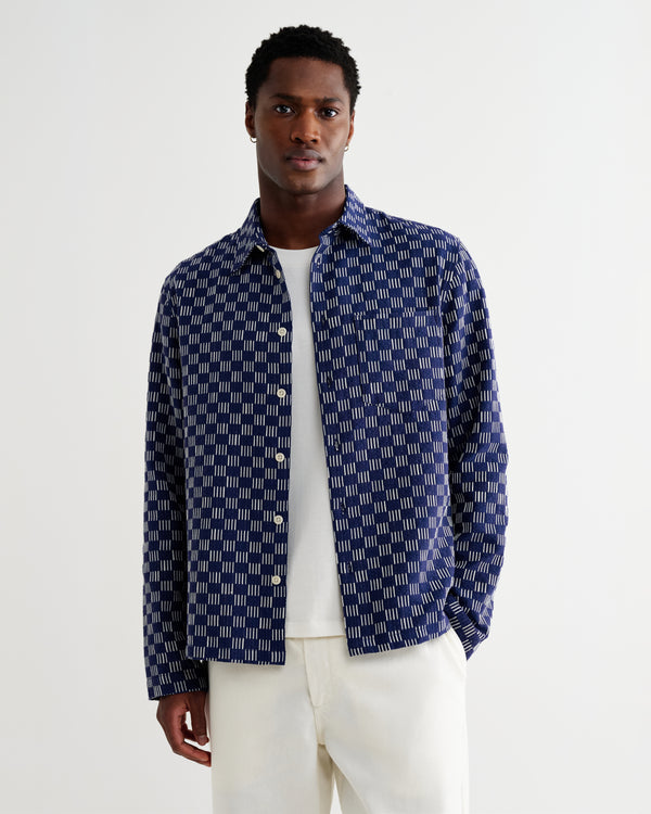 wax london men's Breton - Indigo And Ecru Geometric Grid Stitch Overshirt