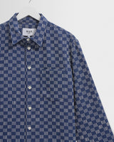 wax london men's Breton - Indigo And Ecru Geometric Grid Stitch Overshirt