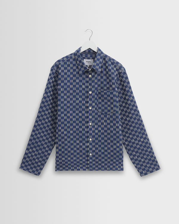 wax london men's Breton - Indigo And Ecru Geometric Grid Stitch Overshirt