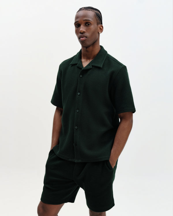 wax london men's Clayland - Bottle Green Textured Waffle Short-Sleeve Shirt