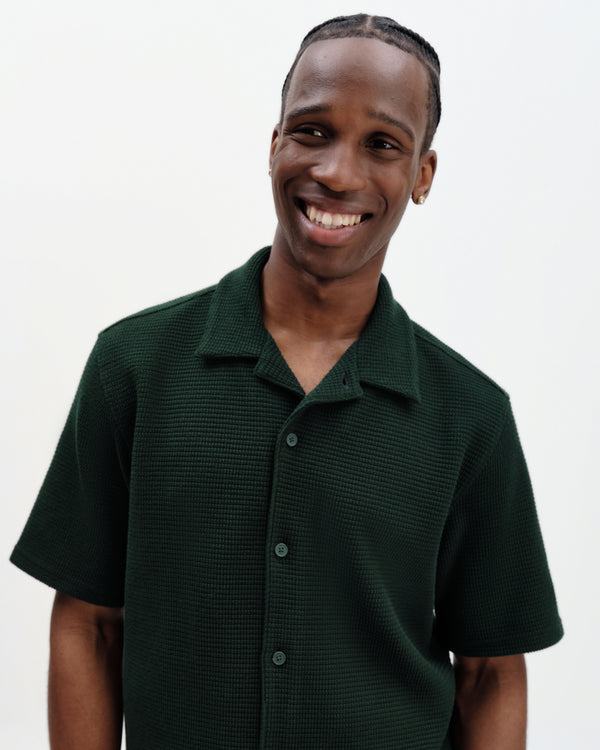 wax london men's Clayland - Bottle Green Textured Waffle Short-Sleeve Shirt