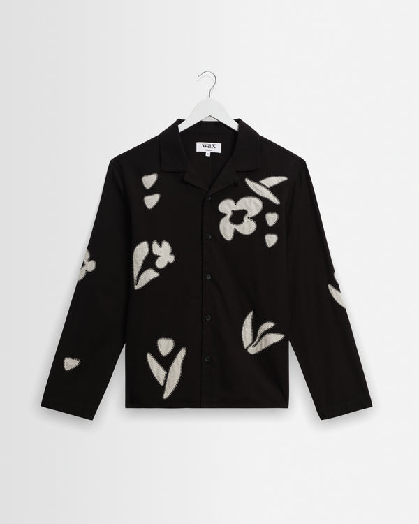 wax london men's Corey - Black And Beige Abstract Applique Cotton-Linen Shirt