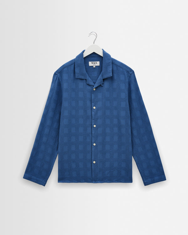 wax london men's Corey - Blue Dobby Check Cotton Shirt