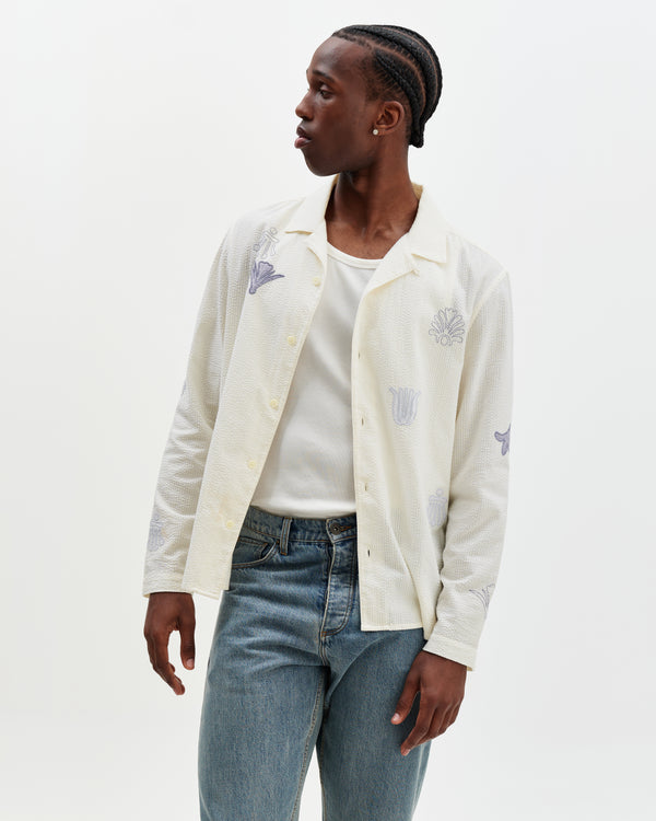 wax london men's Corey - Ecru And Blue Doodle Cotton-Seersucker Shirt
