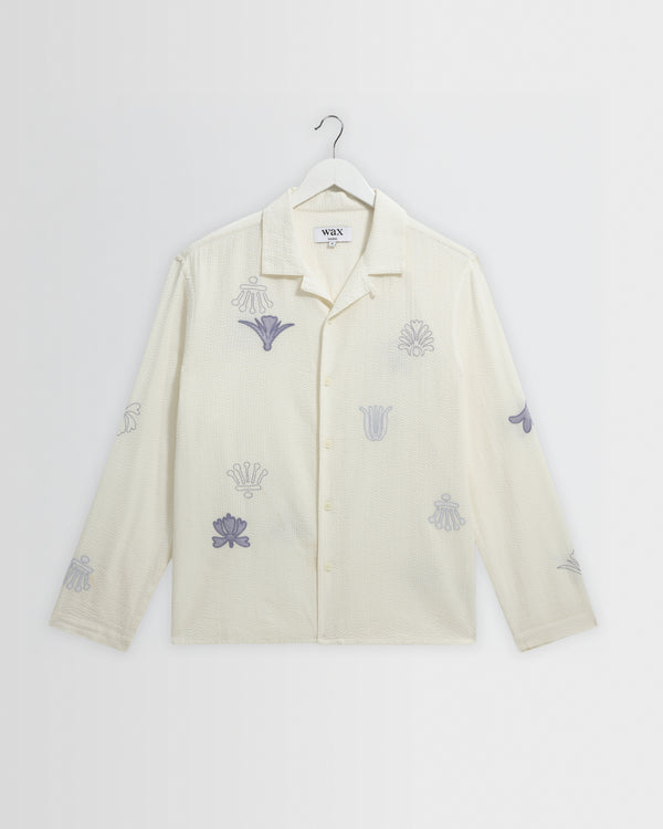 wax london men's Corey - Ecru And Blue Doodle Cotton-Seersucker Shirt