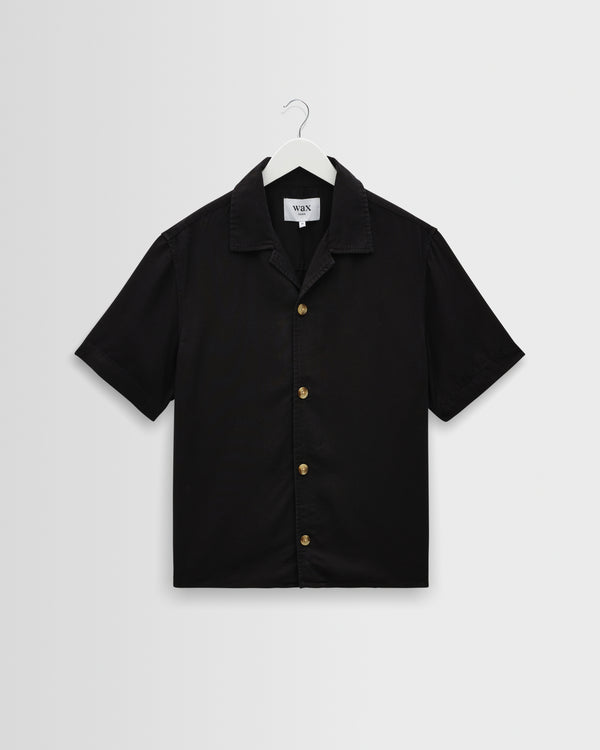 wax london men's Curzon - Black Lyocell Twill Short-Sleeve Shirt