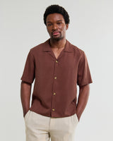 wax london men's Curzon - Brown Lyocell Twill Short-Sleeve Shirt