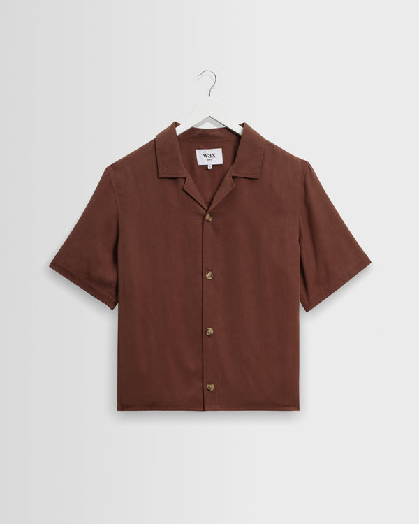 wax london men's Curzon - Brown Lyocell Twill Short-Sleeve Shirt